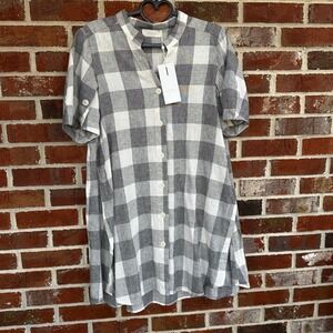 NOEN‎ Linen Blend Plaid Tunic Shirt Dress Button Front Roll Tab Sleeves